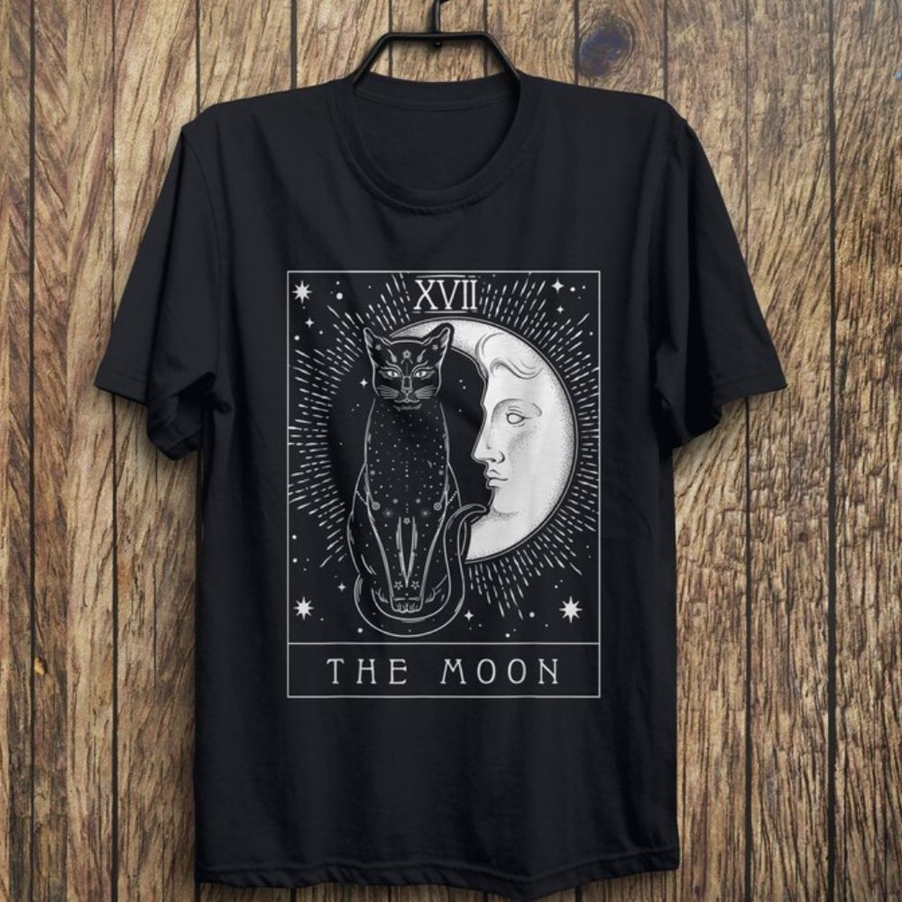 Tarot Card Crescent Moon And Cat Graphic T-Shirt